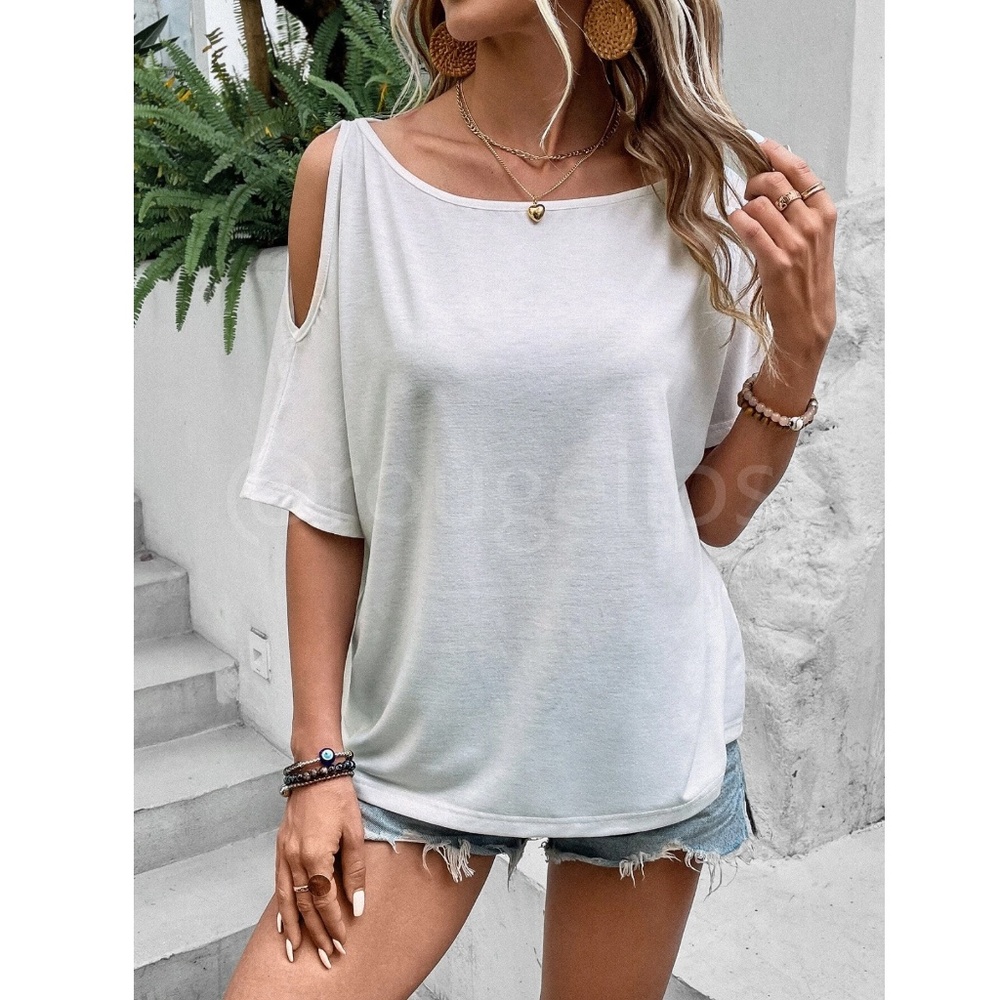 Asymmetric Boat Neck Batwing Cut Out Short Sleeve White Tee Shirt - Picture 5 of 7